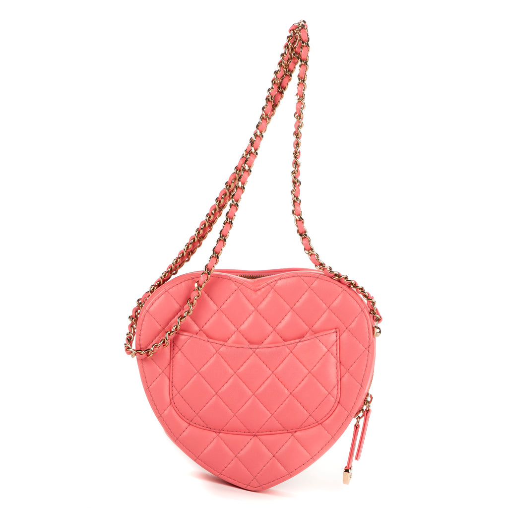 Shoulder Bag Heart Chain Crossbody Pink Calfskin Quilted Leather