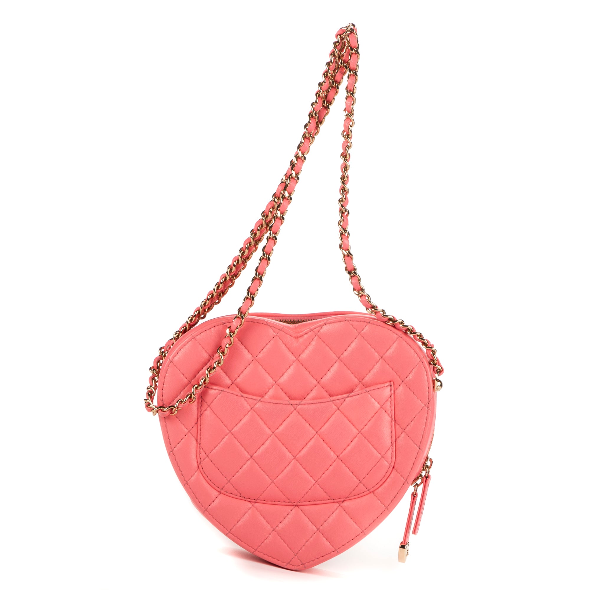 Shoulder Bag Heart Chain Crossbody Pink Calfskin Quilted Leather