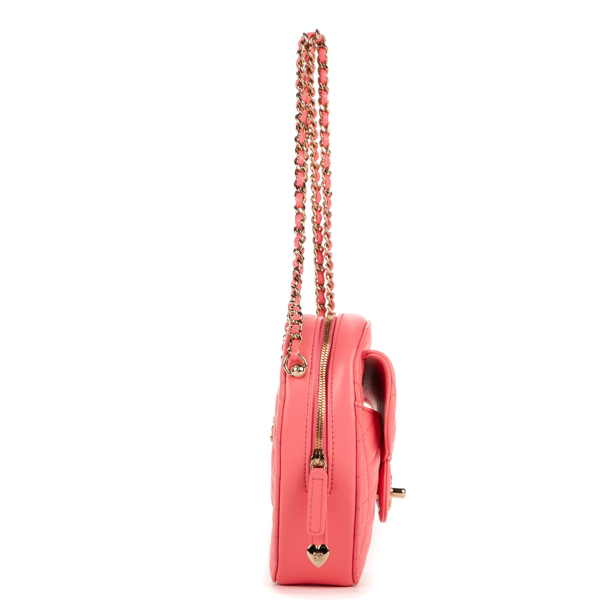 Shoulder Bag Heart Chain Crossbody Pink Calfskin Quilted Leather