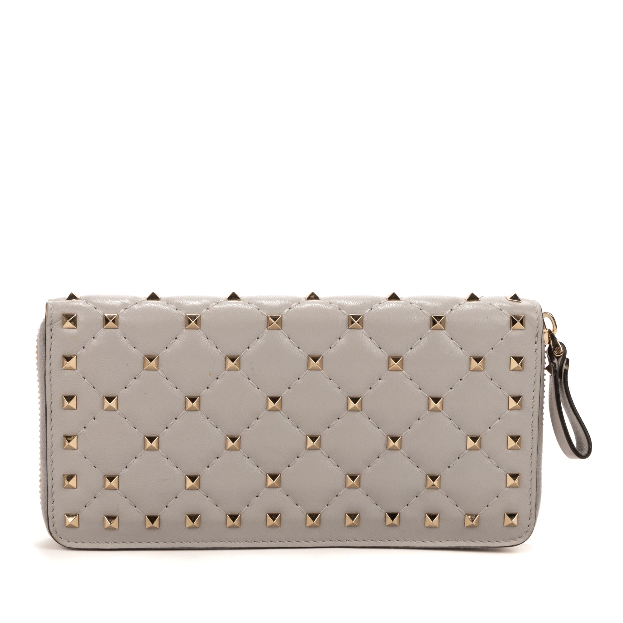 Wallet Rockstud Spikes Long Zip Light Grey Calfskin Leather