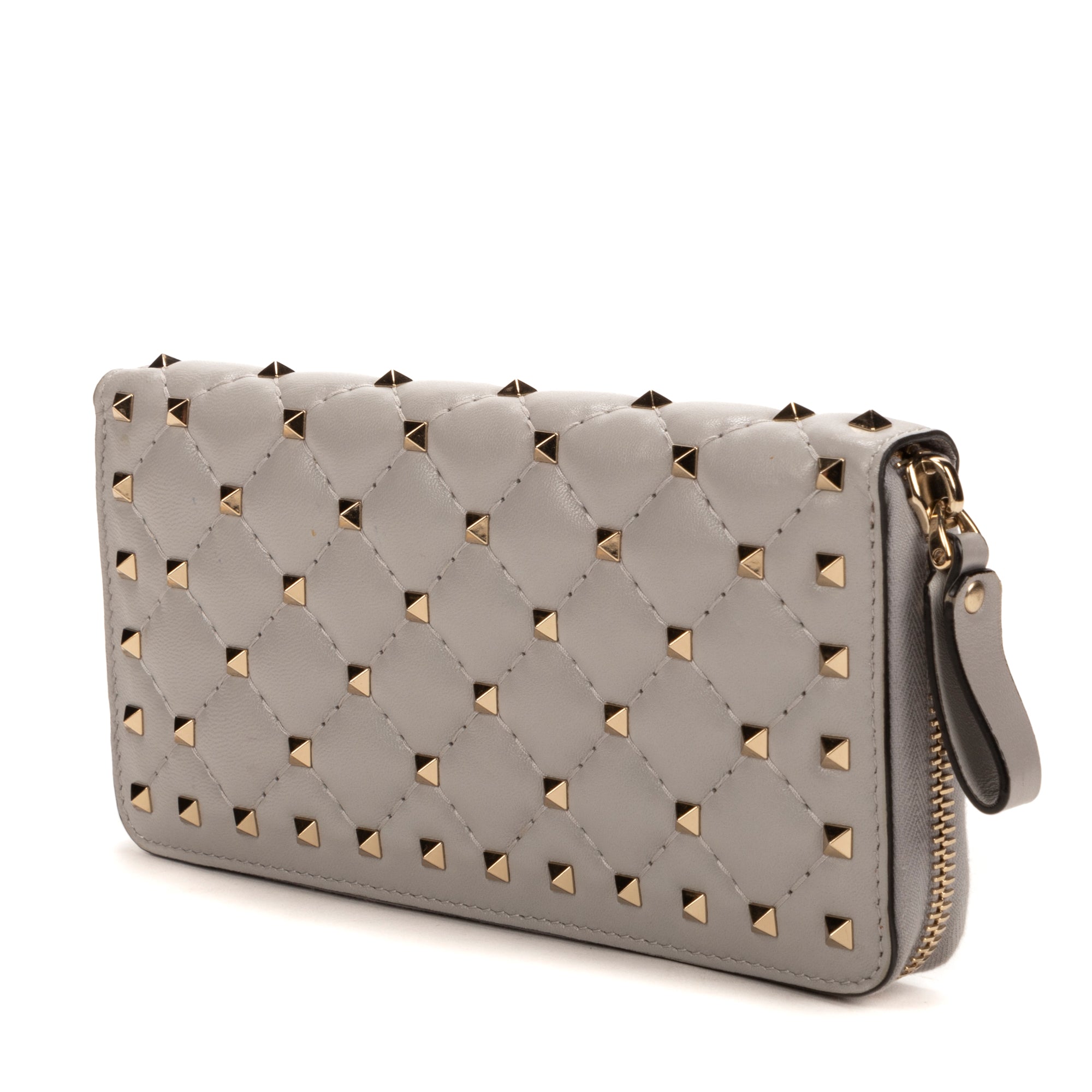 Wallet Rockstud Spikes Long Zip Light Grey Calfskin Leather