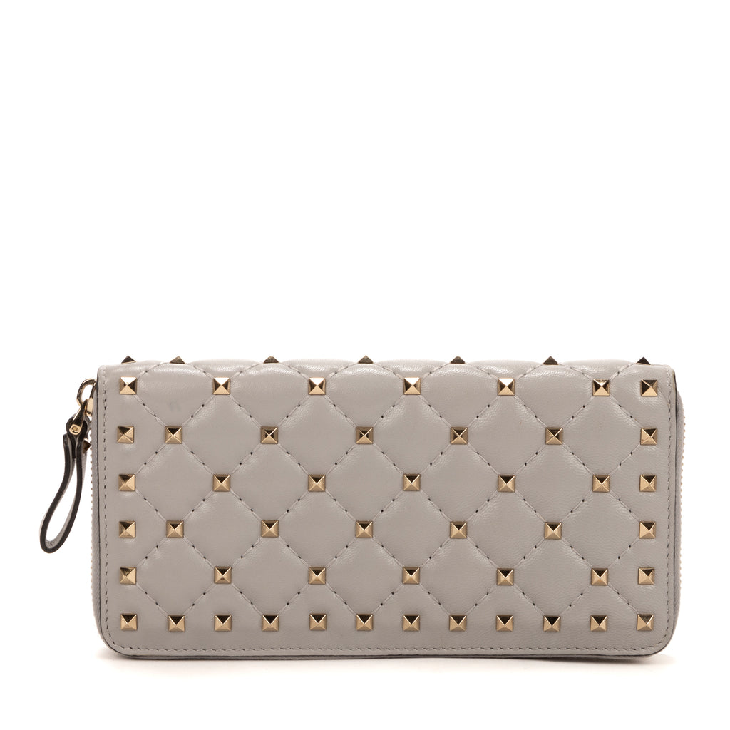 Wallet Rockstud Spikes Long Zip Light Grey Calfskin Leather