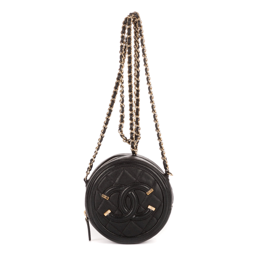 Sac à bandoulière rond en caviar noir filigrané