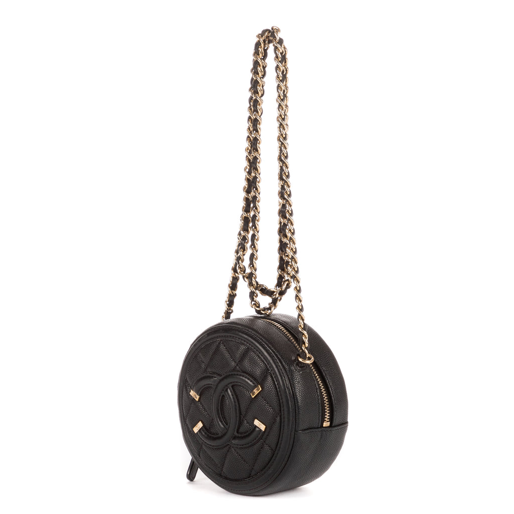 Sac à bandoulière rond en caviar noir filigrané