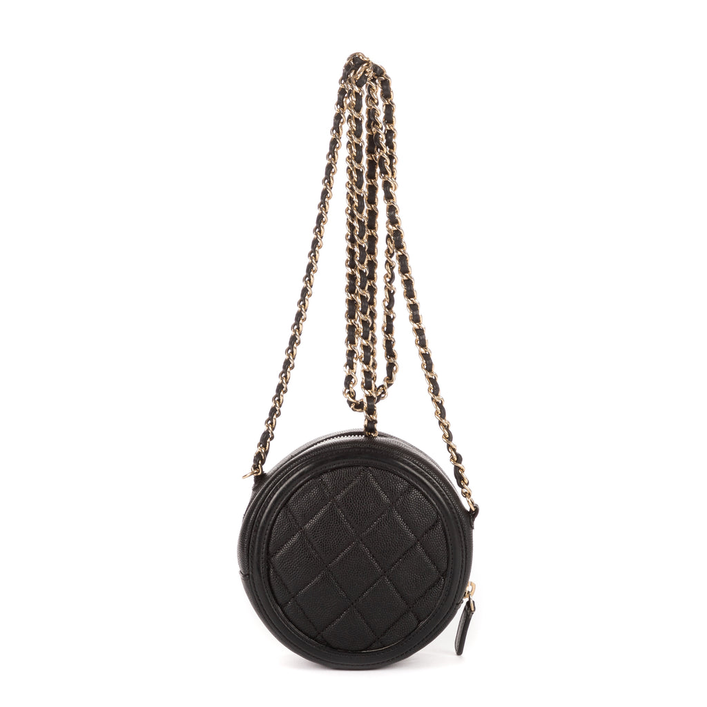 Sac à bandoulière rond en caviar noir filigrané