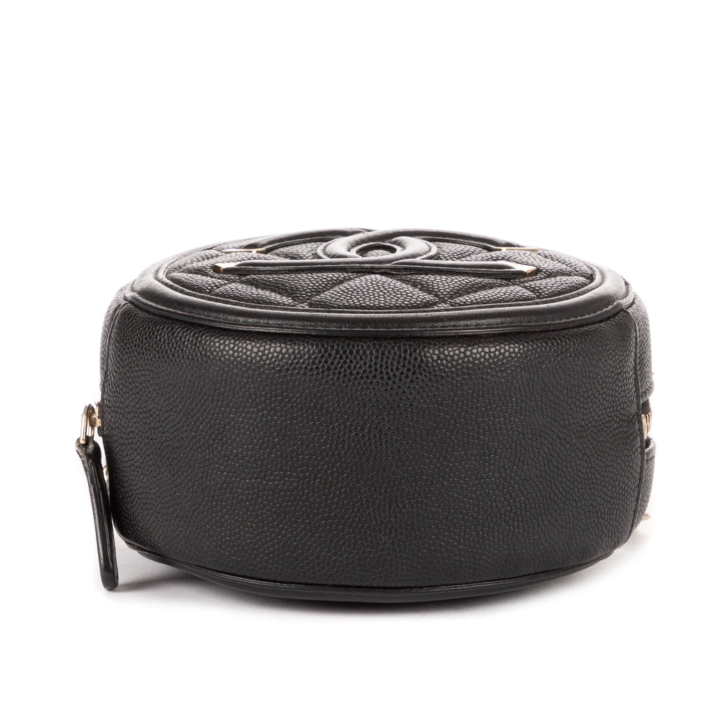 Sac à bandoulière rond en caviar noir filigrané