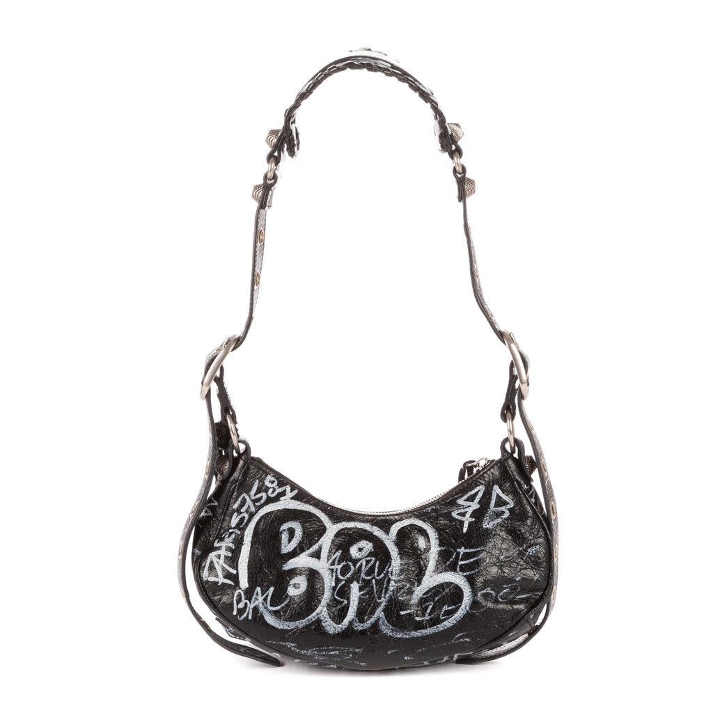 Bolso de hombro XS Le Cagole de piel de becerro negra con grafiti