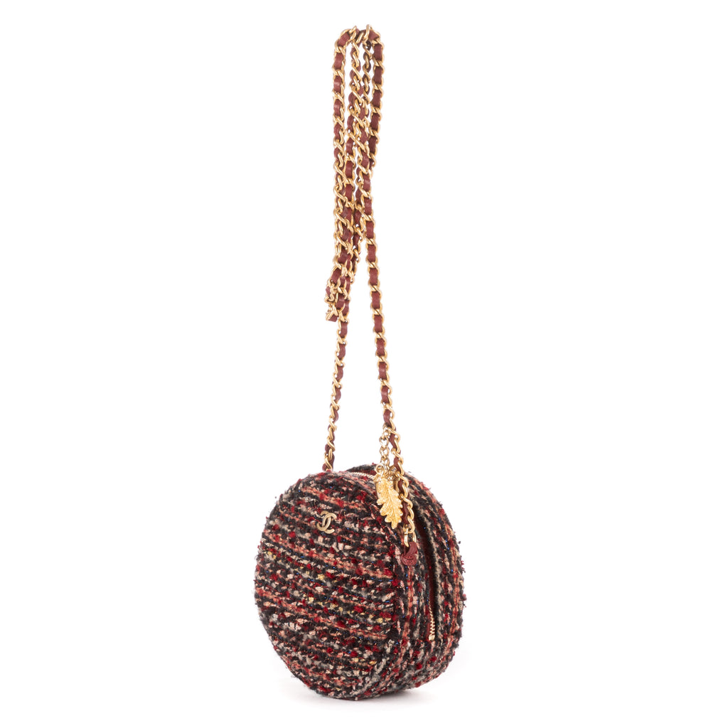 Bolso de hombro edición limitada 19 Round Pouch Crossbody Borgoña Tweed Lienzo Acolchado