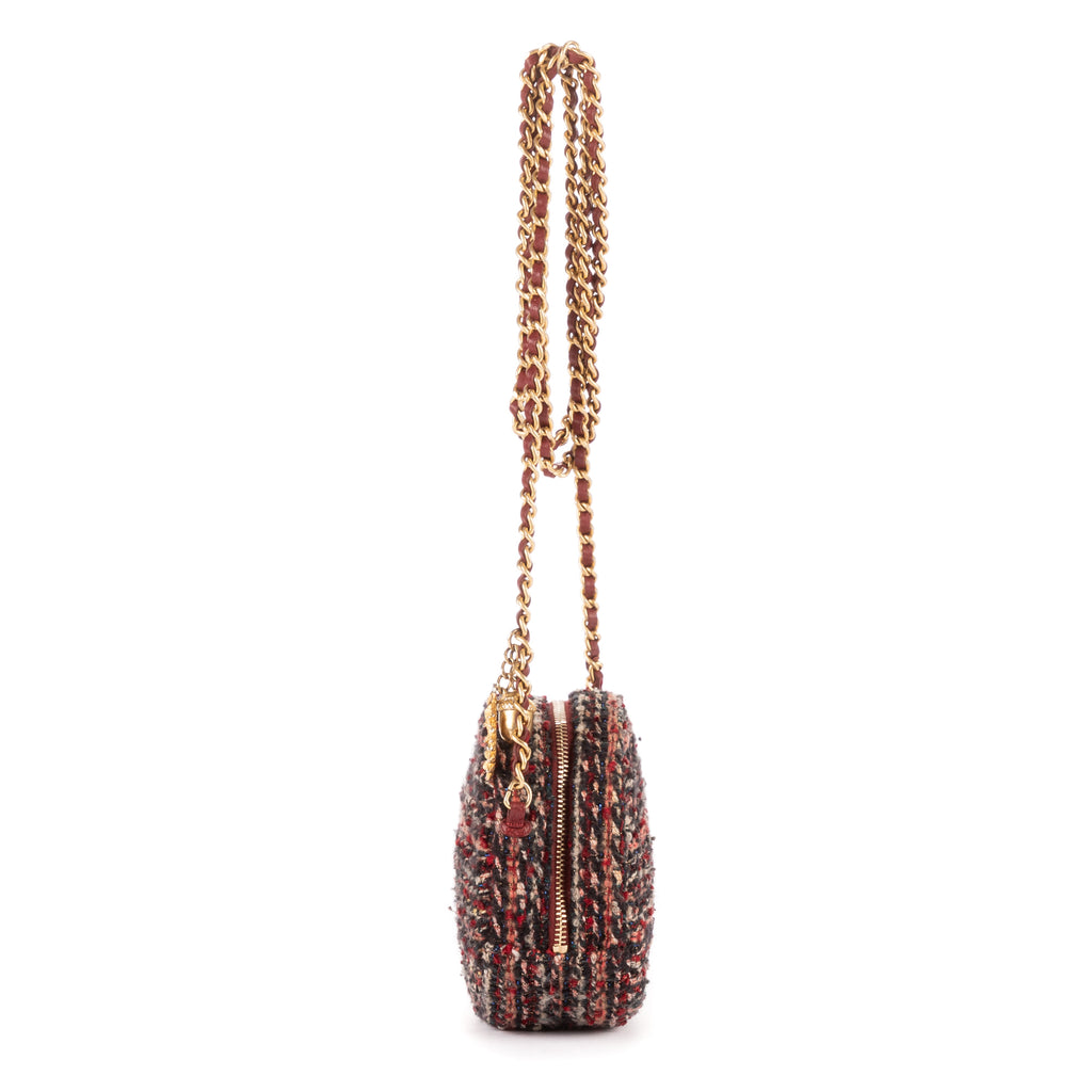 Bolso de hombro edición limitada 19 Round Pouch Crossbody Borgoña Tweed Lienzo Acolchado