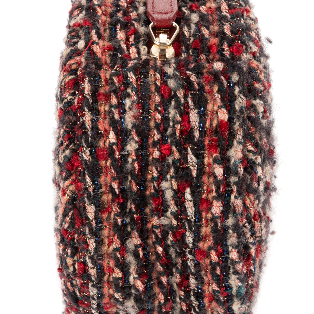Bolso de hombro edición limitada 19 Round Pouch Crossbody Borgoña Tweed Lienzo Acolchado