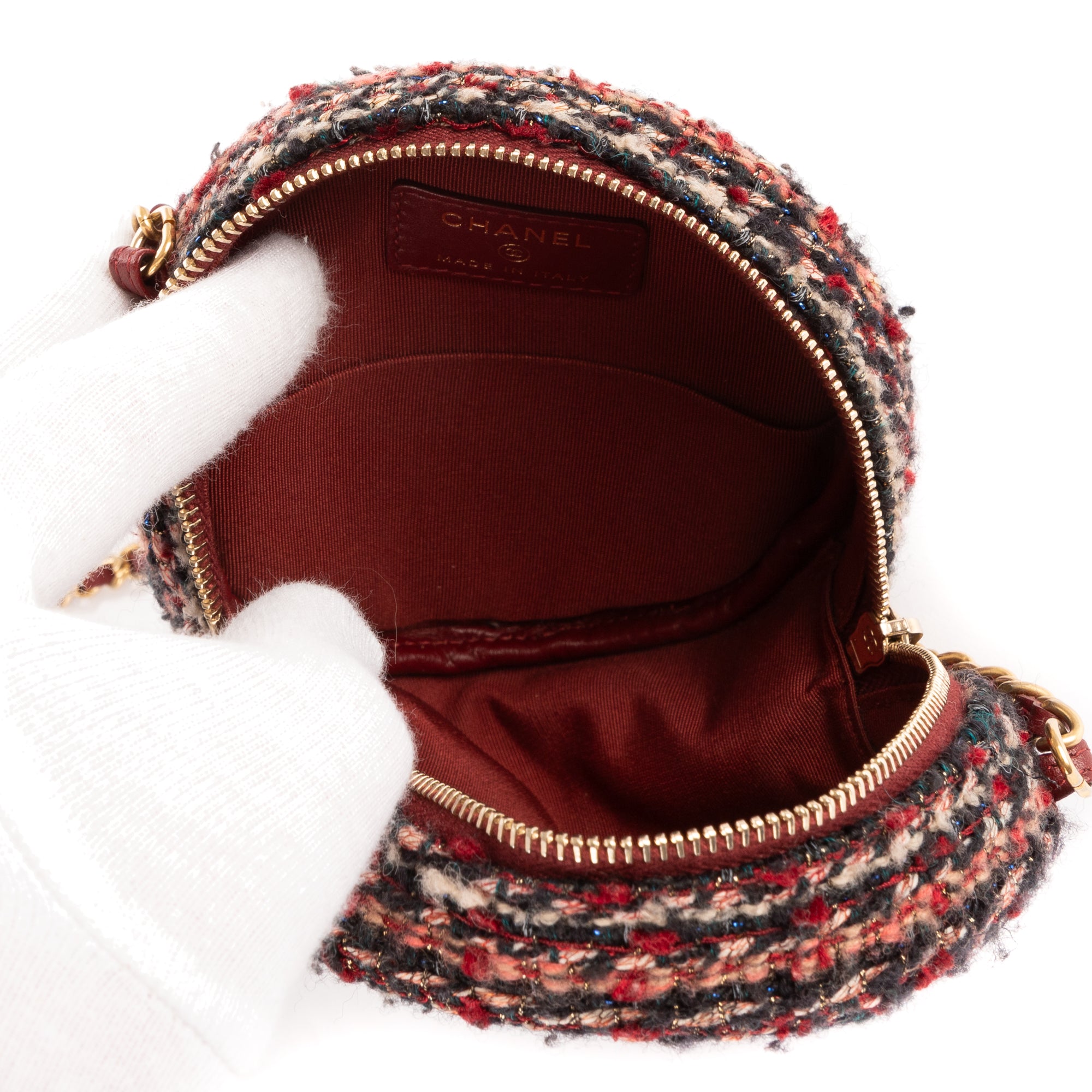 Bolso de hombro edición limitada 19 Round Pouch Crossbody Borgoña Tweed Lienzo Acolchado