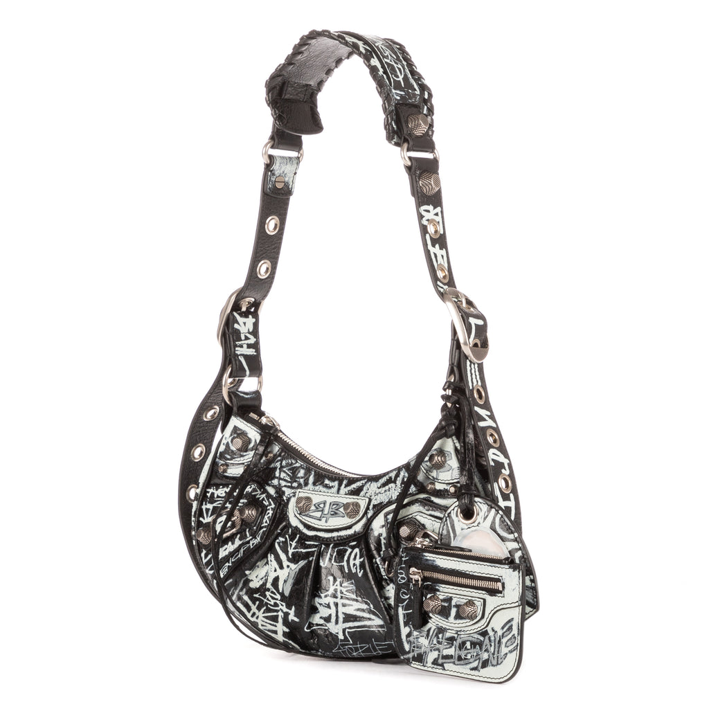 Bolso de hombro XS Le Cagole de piel de becerro negra con grafiti