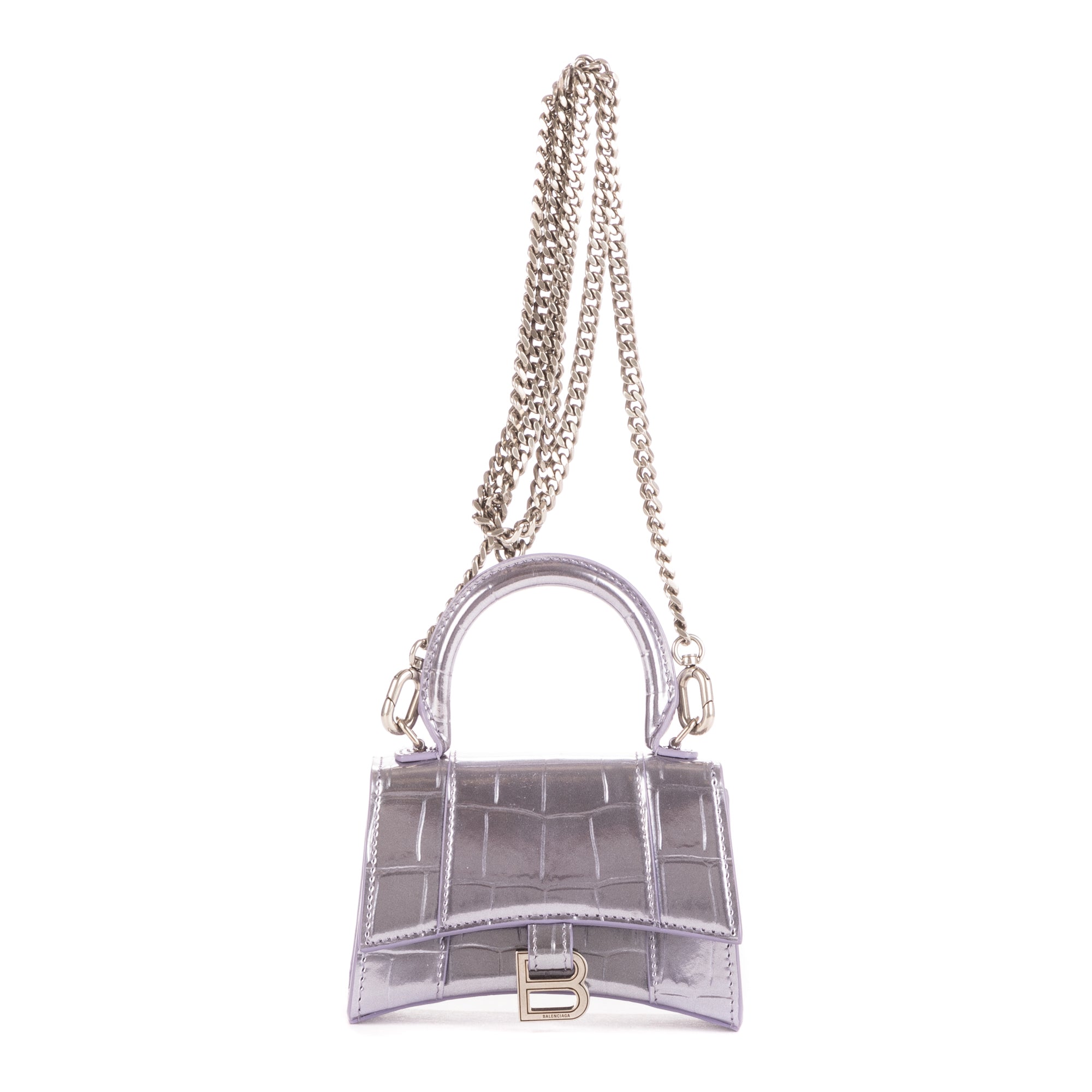 Shoulder Bag Mini Hourglass Crossbody Pouch Metallic Lilac Calfskin Shiny Crocodile Embossed Imitation Leather
