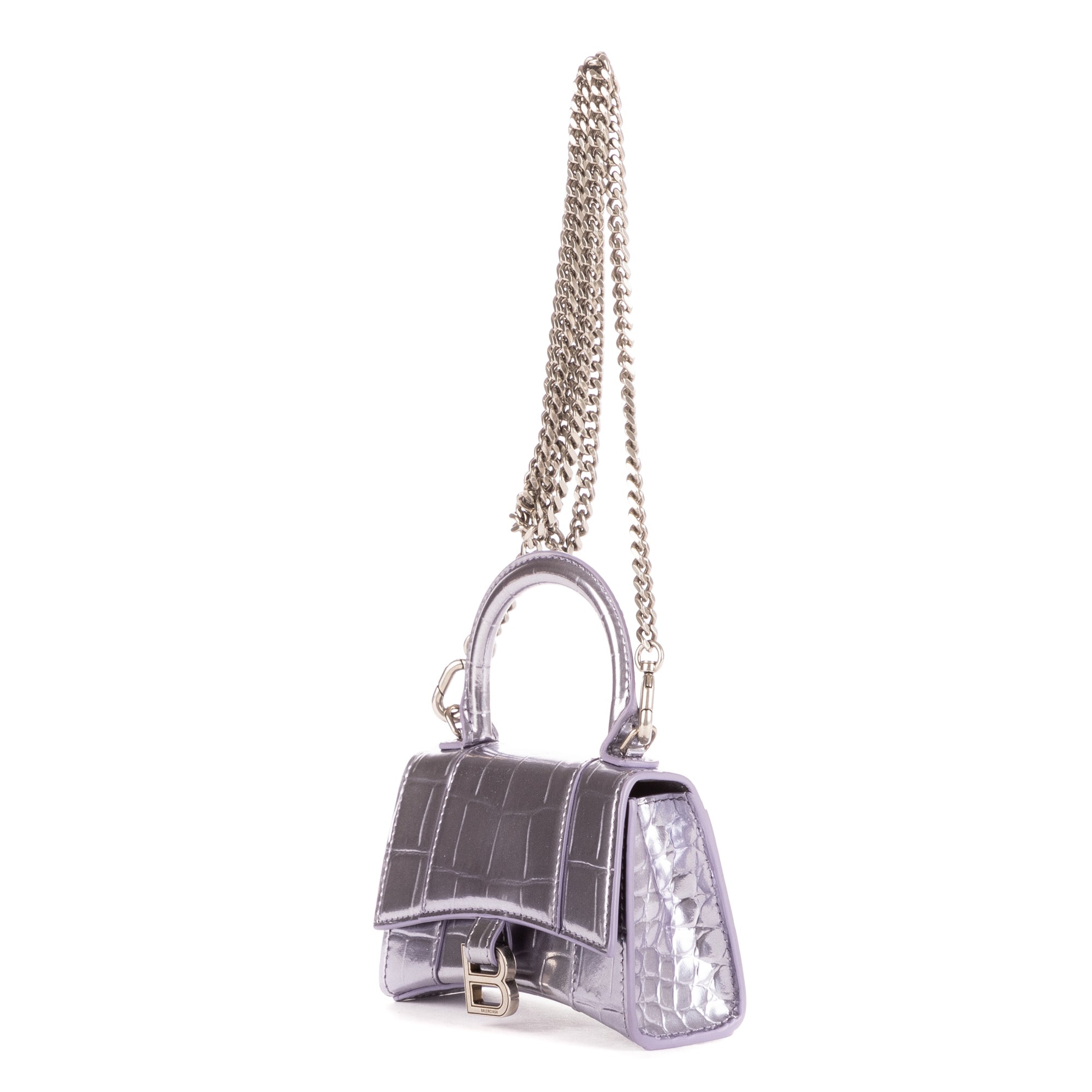 Shoulder Bag Mini Hourglass Crossbody Pouch Metallic Lilac Calfskin Shiny Crocodile Embossed Imitation Leather