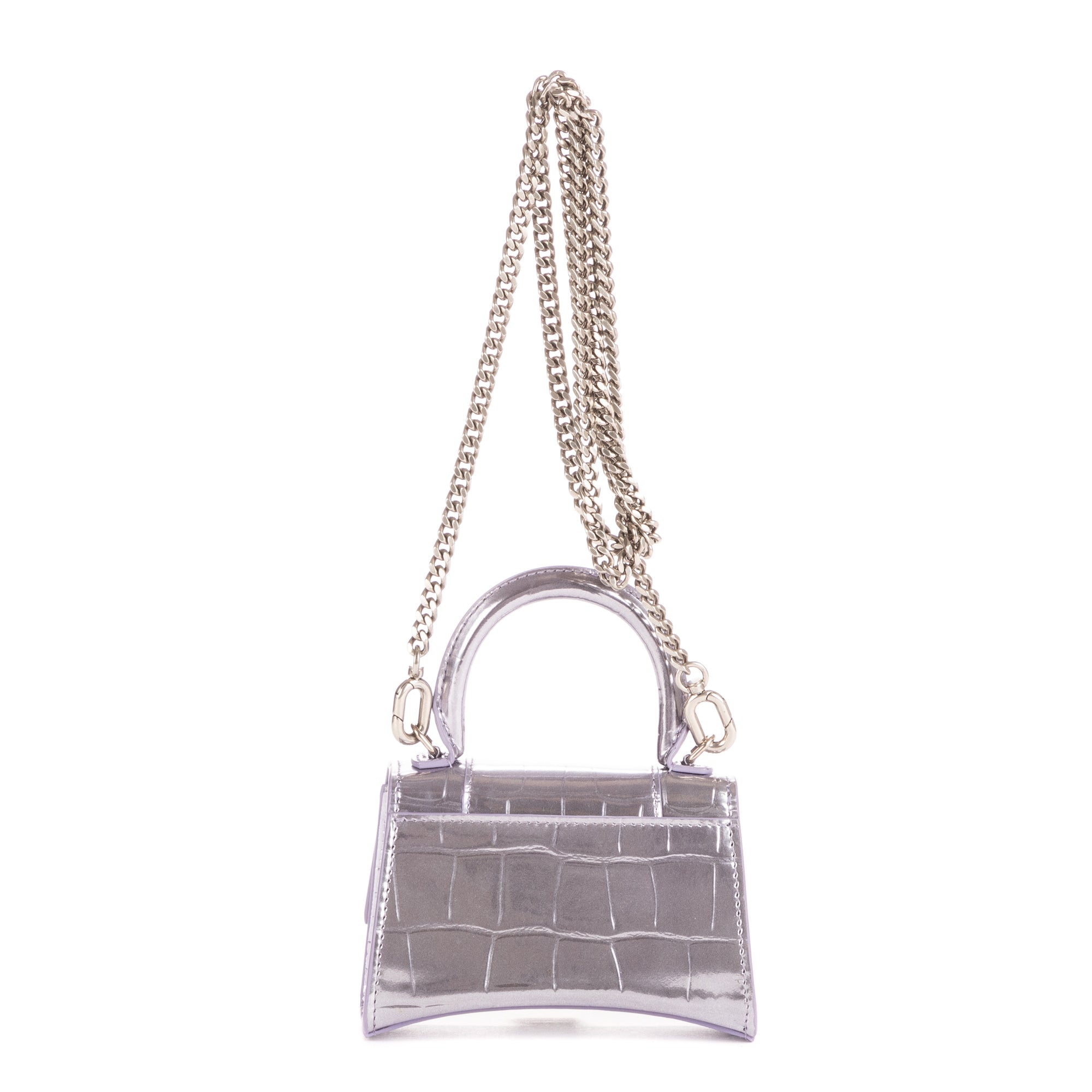 Shoulder Bag Mini Hourglass Crossbody Pouch Metallic Lilac Calfskin Shiny Crocodile Embossed Imitation Leather