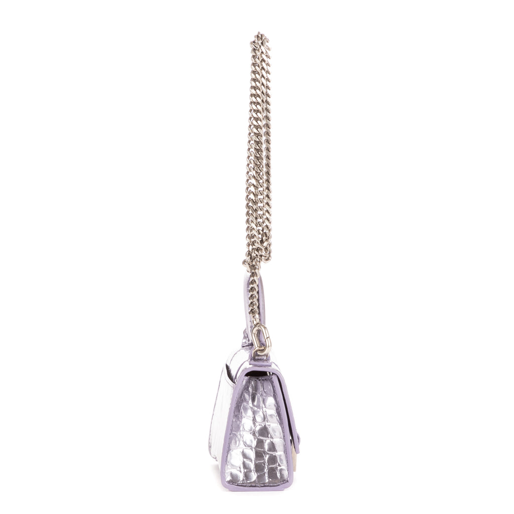 Shoulder Bag Mini Hourglass Crossbody Pouch Metallic Lilac Calfskin Shiny Crocodile Embossed Imitation Leather