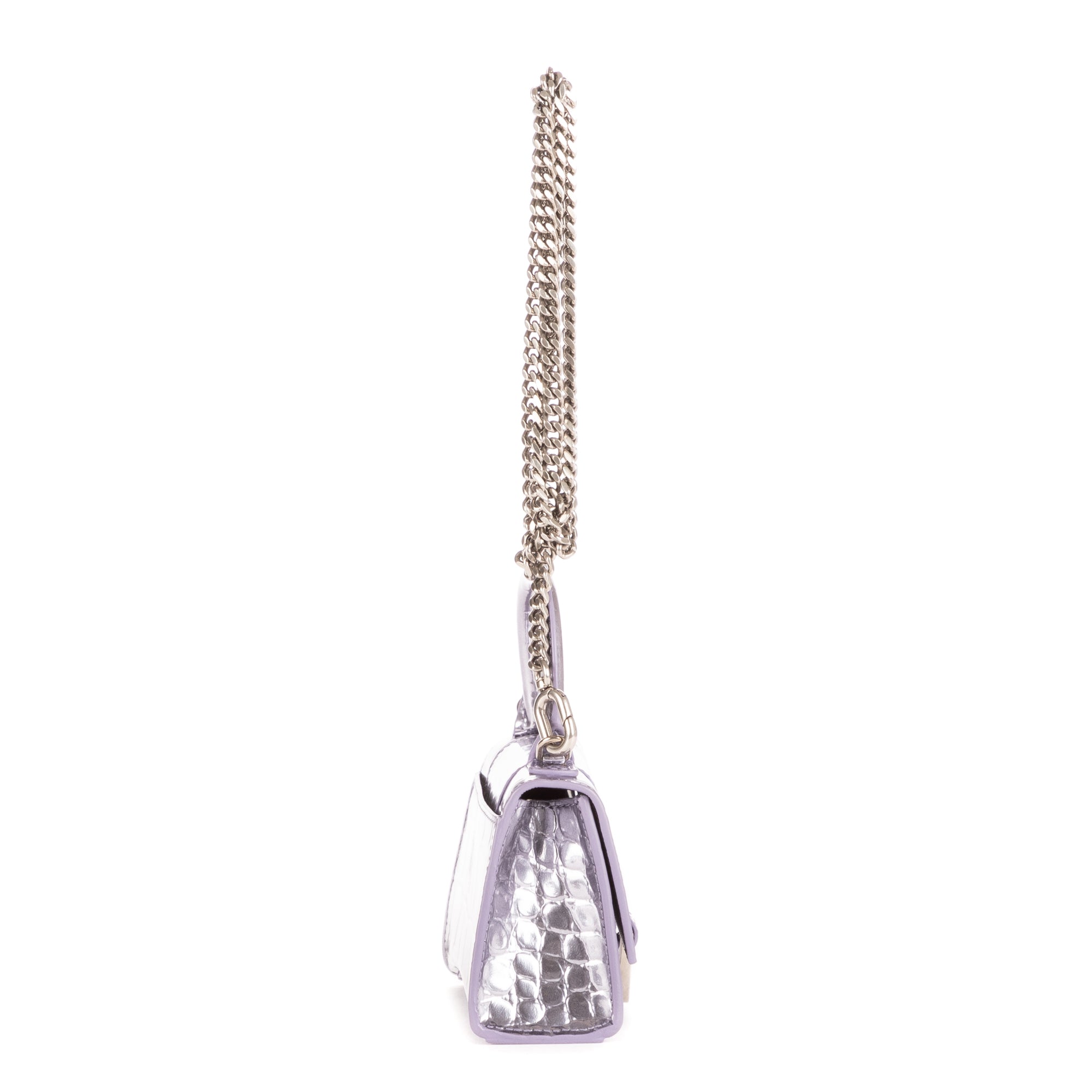 Shoulder Bag Mini Hourglass Crossbody Pouch Metallic Lilac Calfskin Shiny Crocodile Embossed Imitation Leather