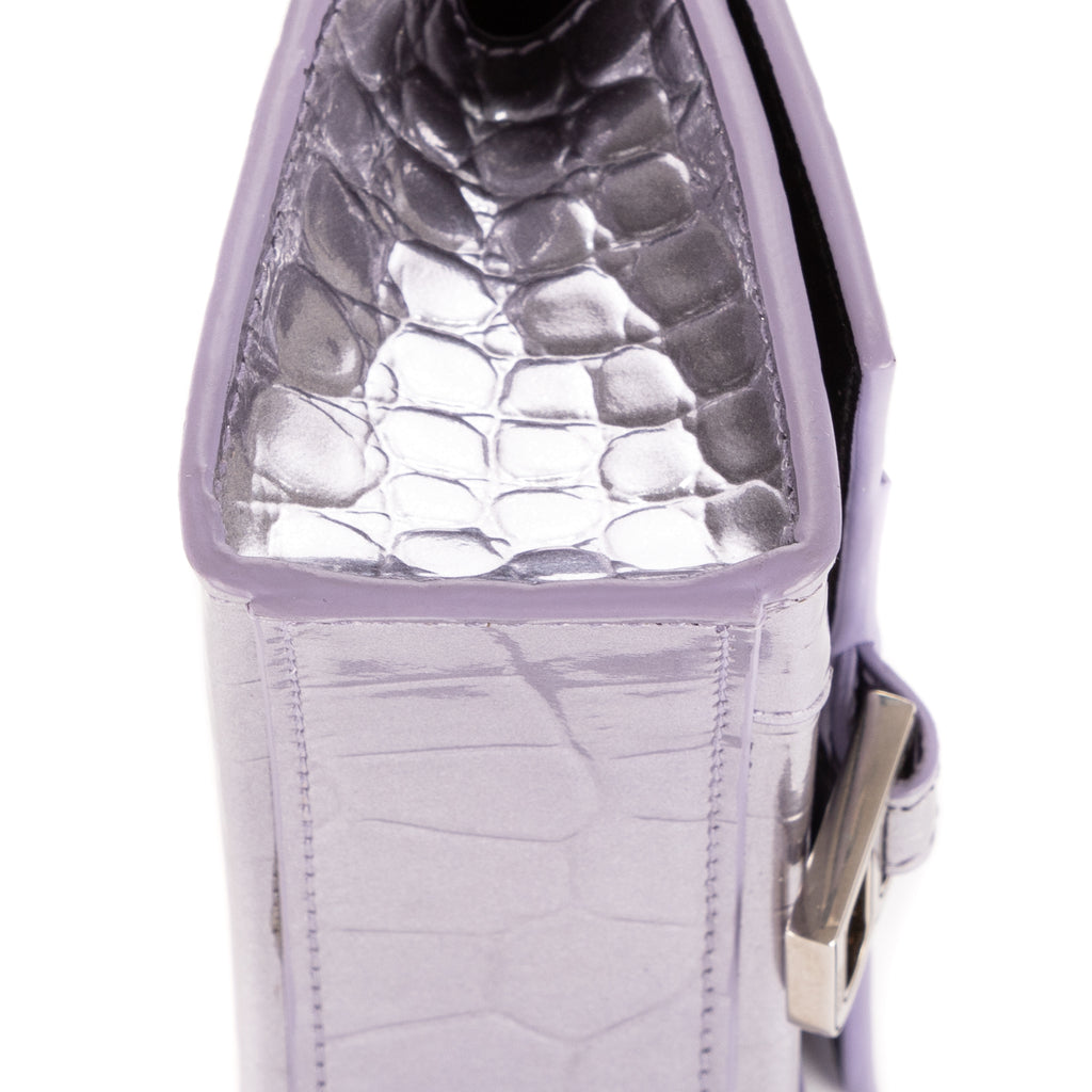 Shoulder Bag Mini Hourglass Crossbody Pouch Metallic Lilac Calfskin Shiny Crocodile Embossed Imitation Leather