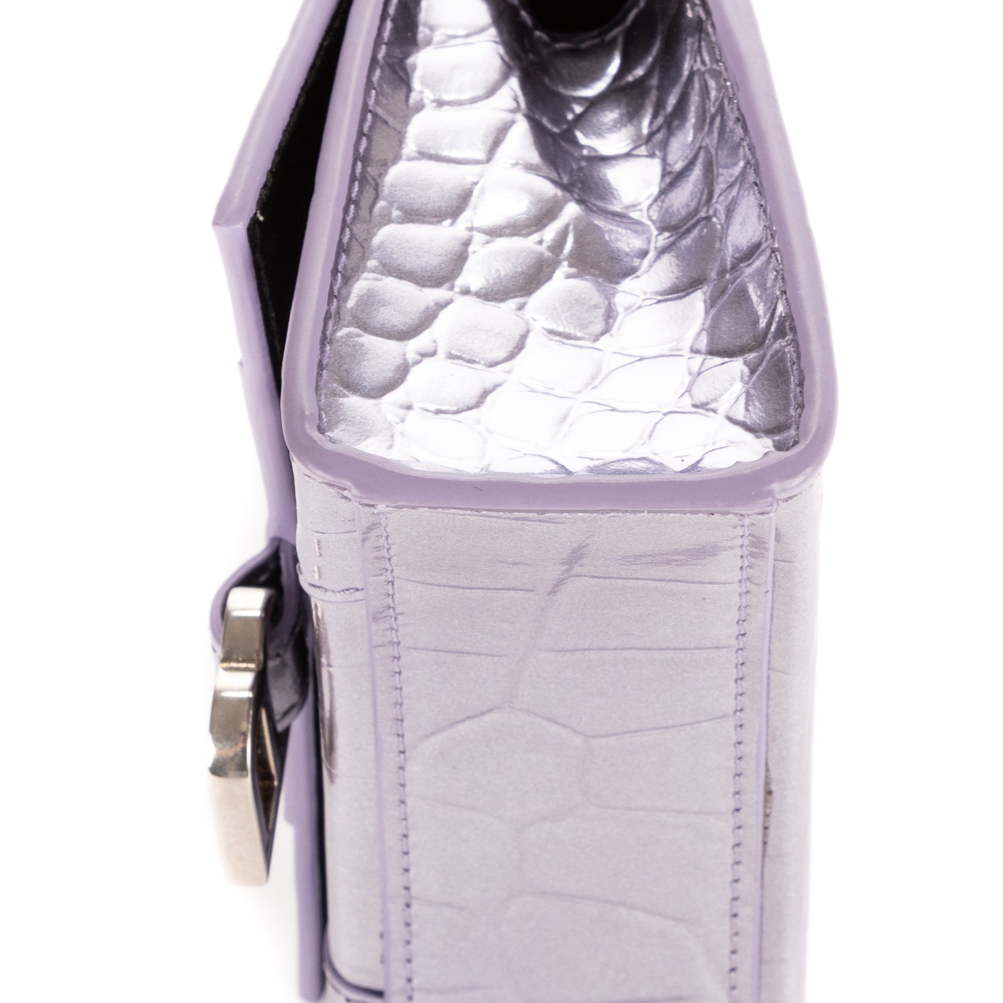 Shoulder Bag Mini Hourglass Crossbody Pouch Metallic Lilac Calfskin Shiny Crocodile Embossed Imitation Leather