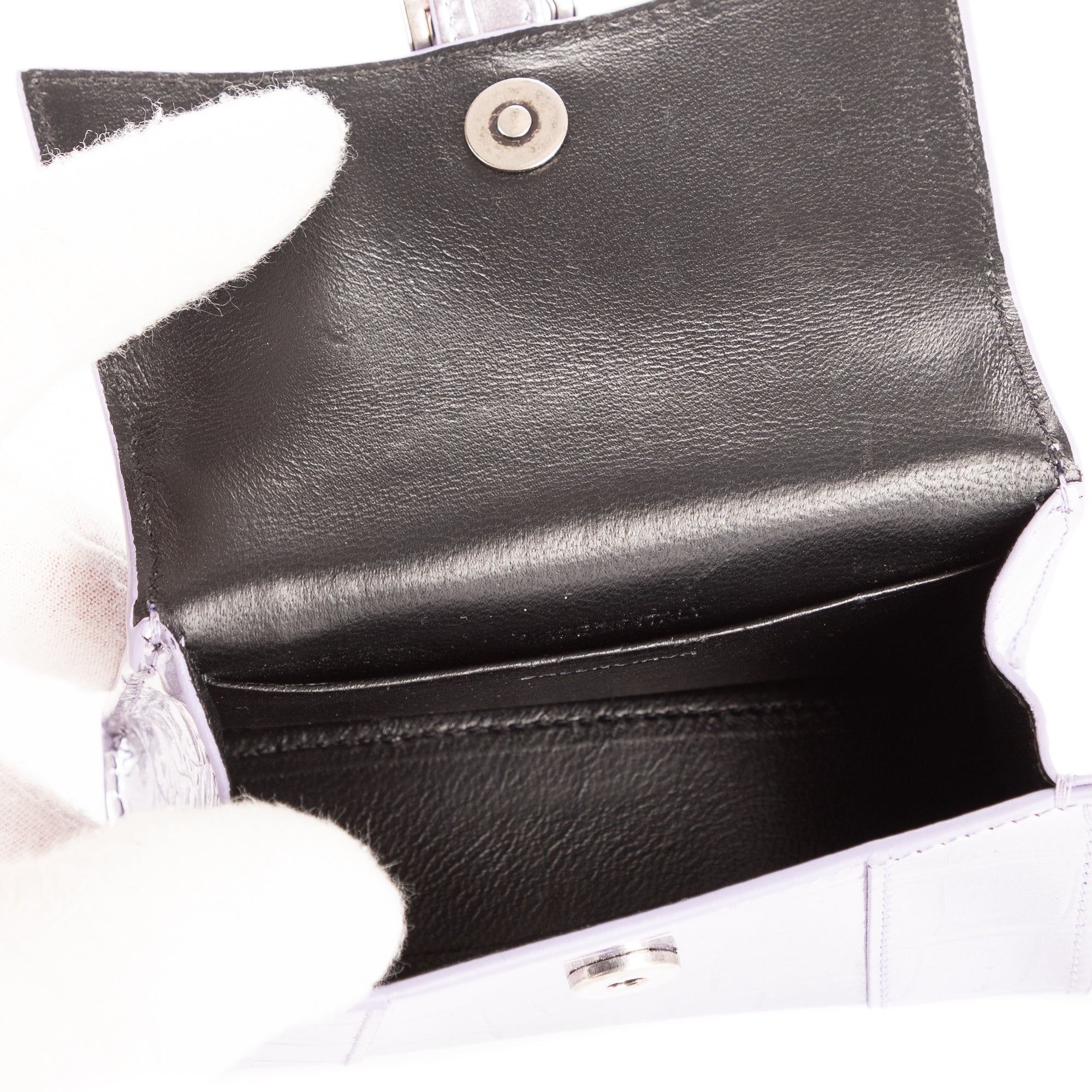 Shoulder Bag Mini Hourglass Crossbody Pouch Metallic Lilac Calfskin Shiny Crocodile Embossed Imitation Leather