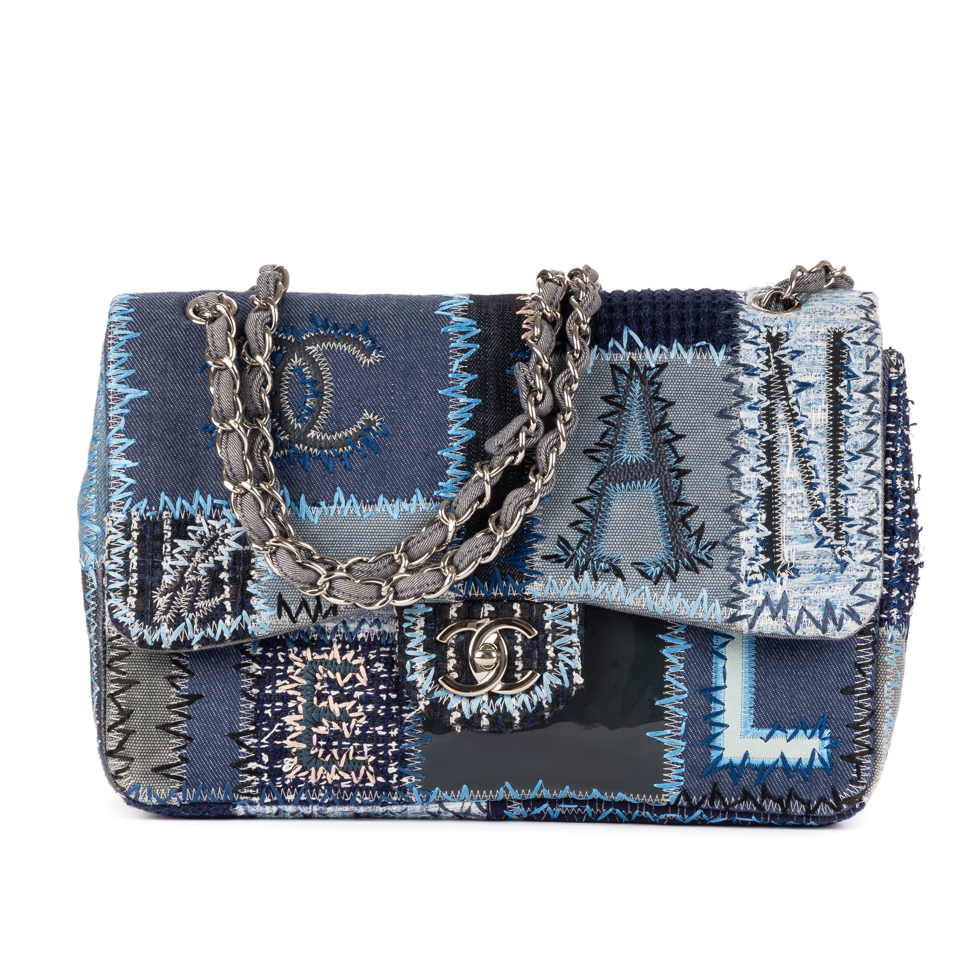 Shoulder Bag Ltd. Ed. Patchwork Classic Jumbo Flap 30 Denim Blue Patchwork Denim Overstitched Canvas