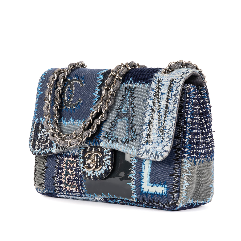 Chanel - Édition Limitée Grand Sac Classique à Rabat Patchwork - Bleu Denim