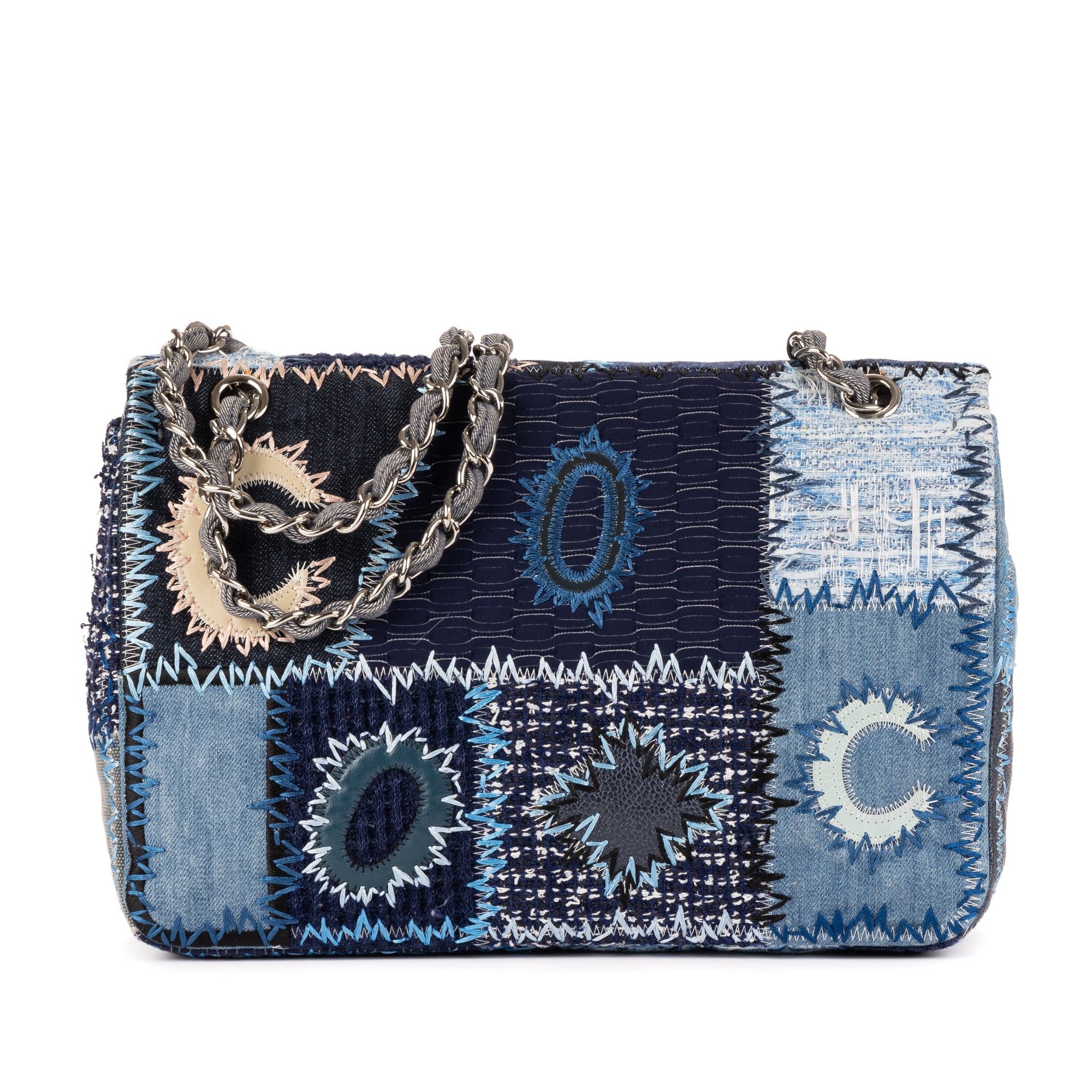 Shoulder Bag Ltd. Ed. Patchwork Classic Jumbo Flap 30 Denim Blue Patchwork Denim Overstitched Canvas