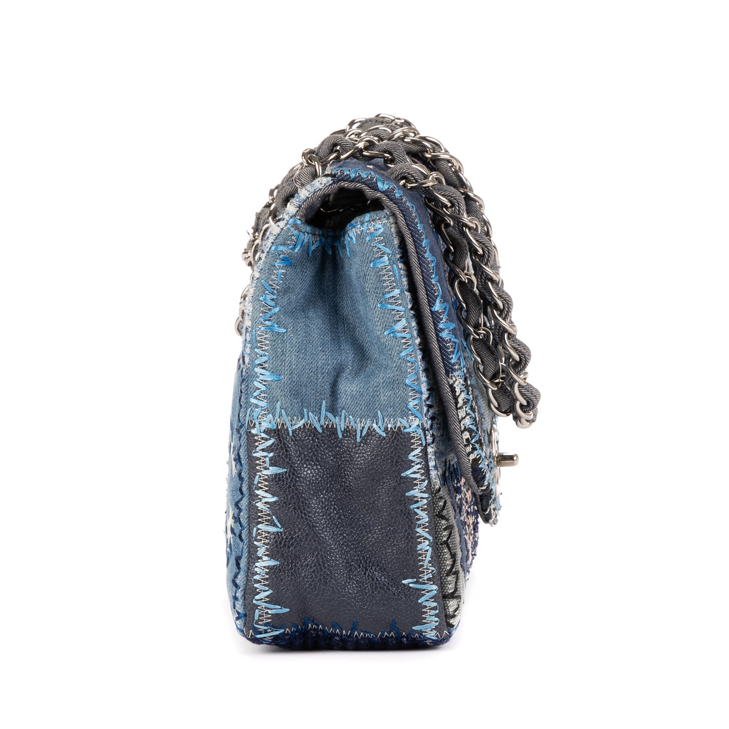 Chanel - Édition Limitée Grand Sac Classique à Rabat Patchwork - Bleu Denim