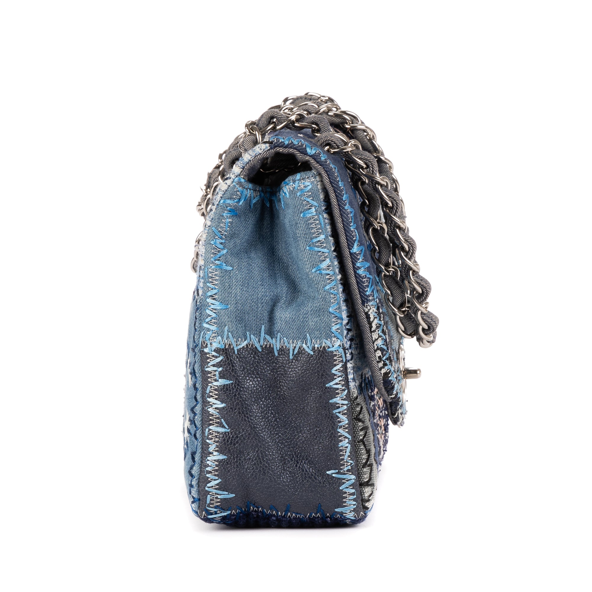 Shoulder Bag Ltd. Ed. Patchwork Classic Jumbo Flap 30 Denim Blue Patchwork Denim Overstitched Canvas
