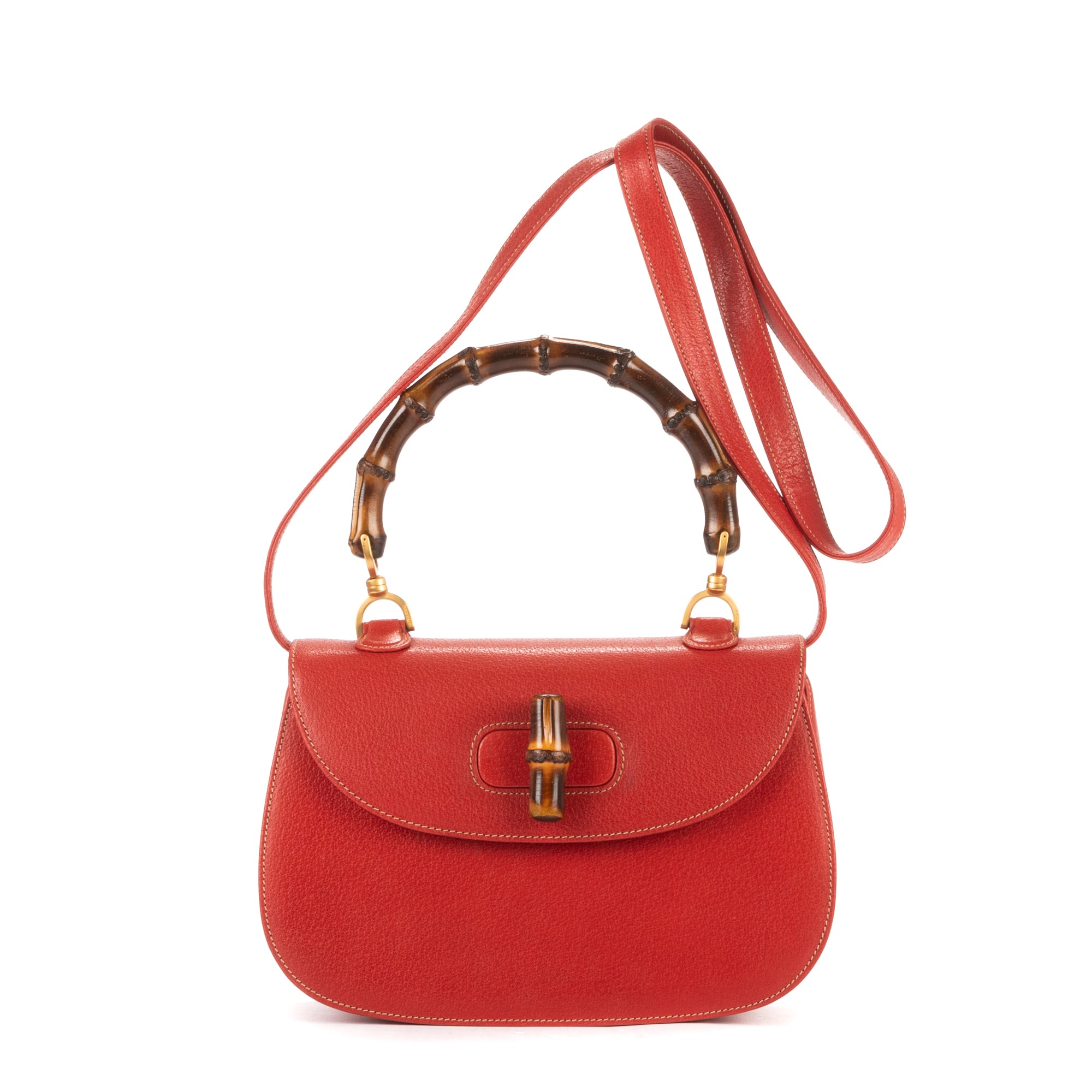 Shoulder Bag Bamboo Top Handle Red Grained Soft Leather