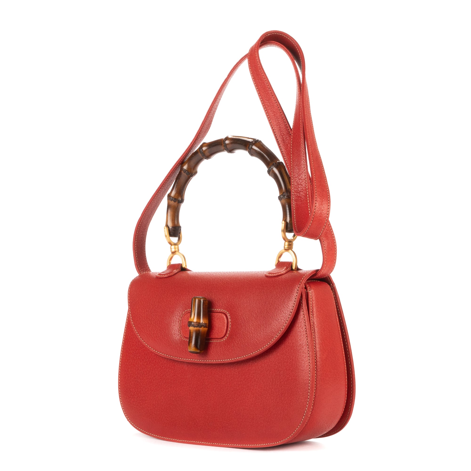 Shoulder Bag Bamboo Top Handle Red Grained Soft Leather