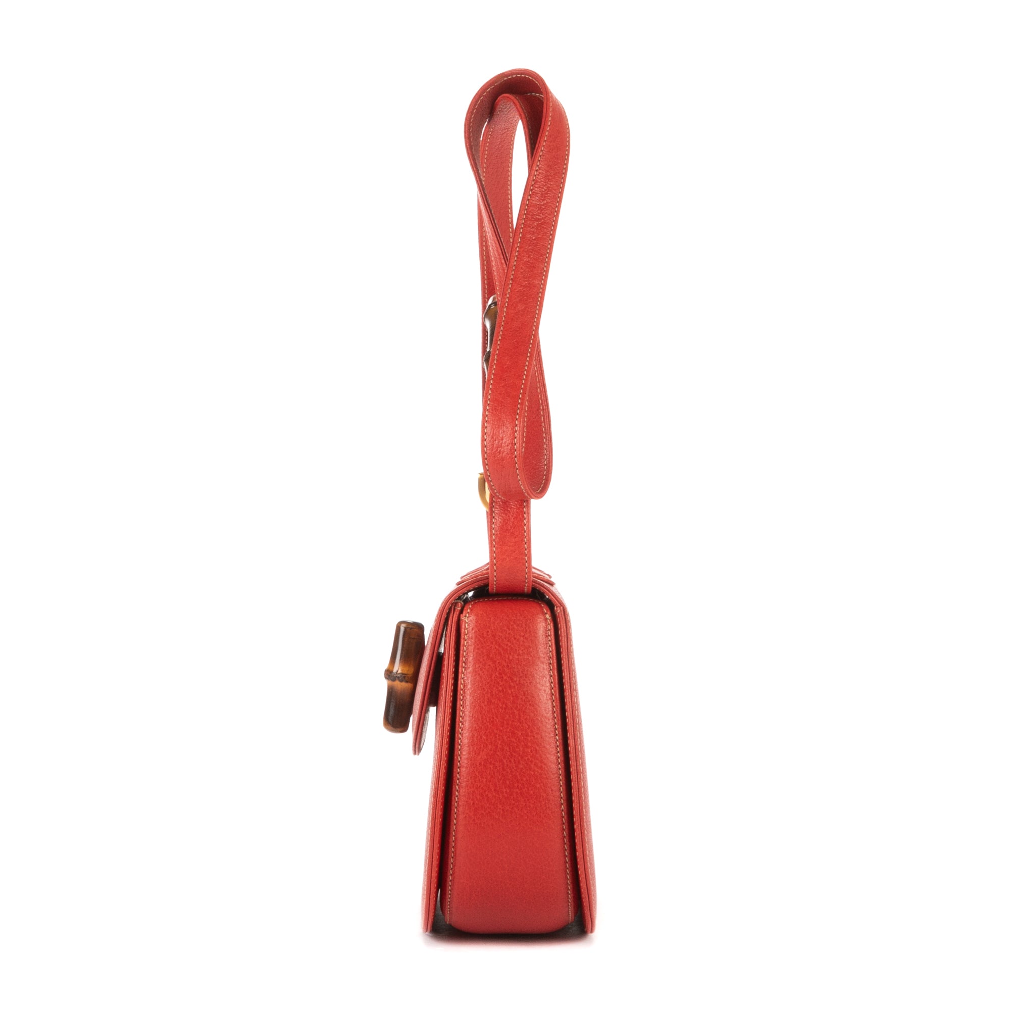 Shoulder Bag Bamboo Top Handle Red Grained Soft Leather