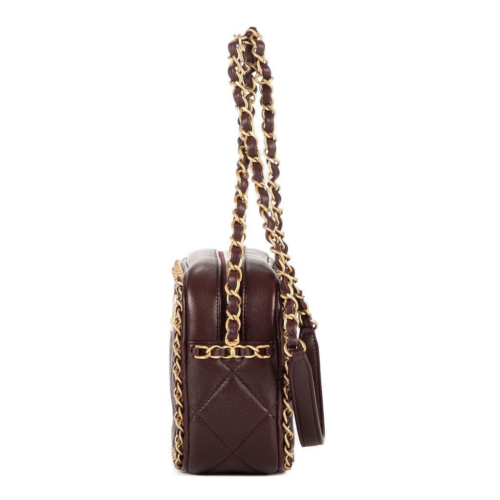 Shoulder Bag Camera Small Burgundy Quilted Smooth Leather