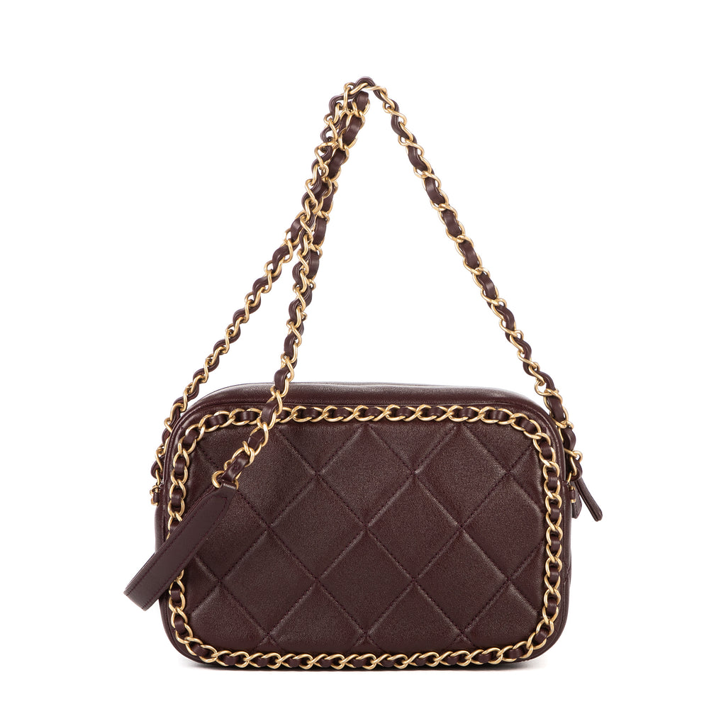 Shoulder Bag Camera Small Burgundy Quilted Smooth Leather