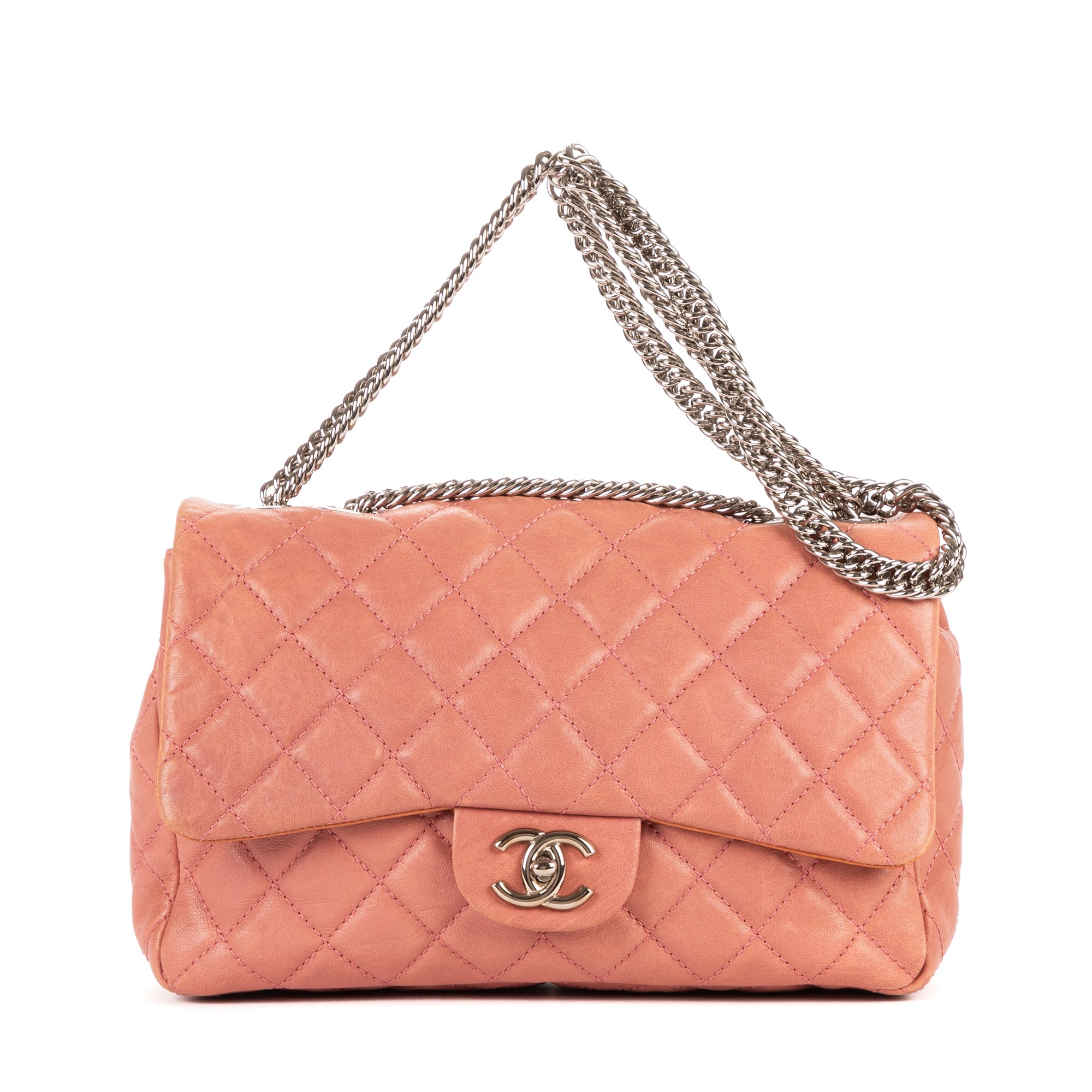 Shoulder Bag Classic Double Flap Pink Quilted Pebbled Leather