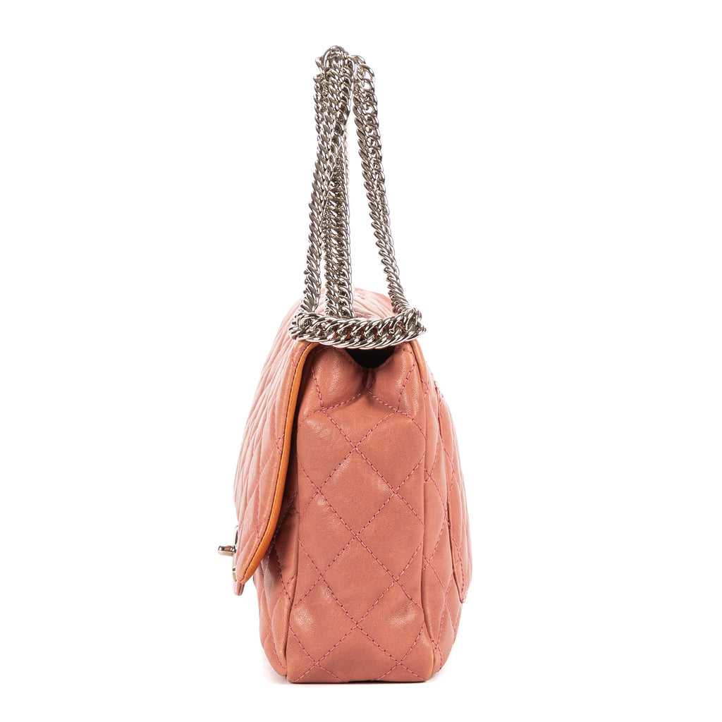 Shoulder Bag Classic Double Flap Pink Quilted Pebbled Leather