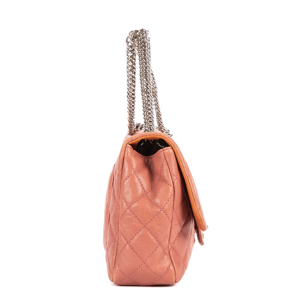 Shoulder Bag Classic Double Flap Pink Quilted Pebbled Leather