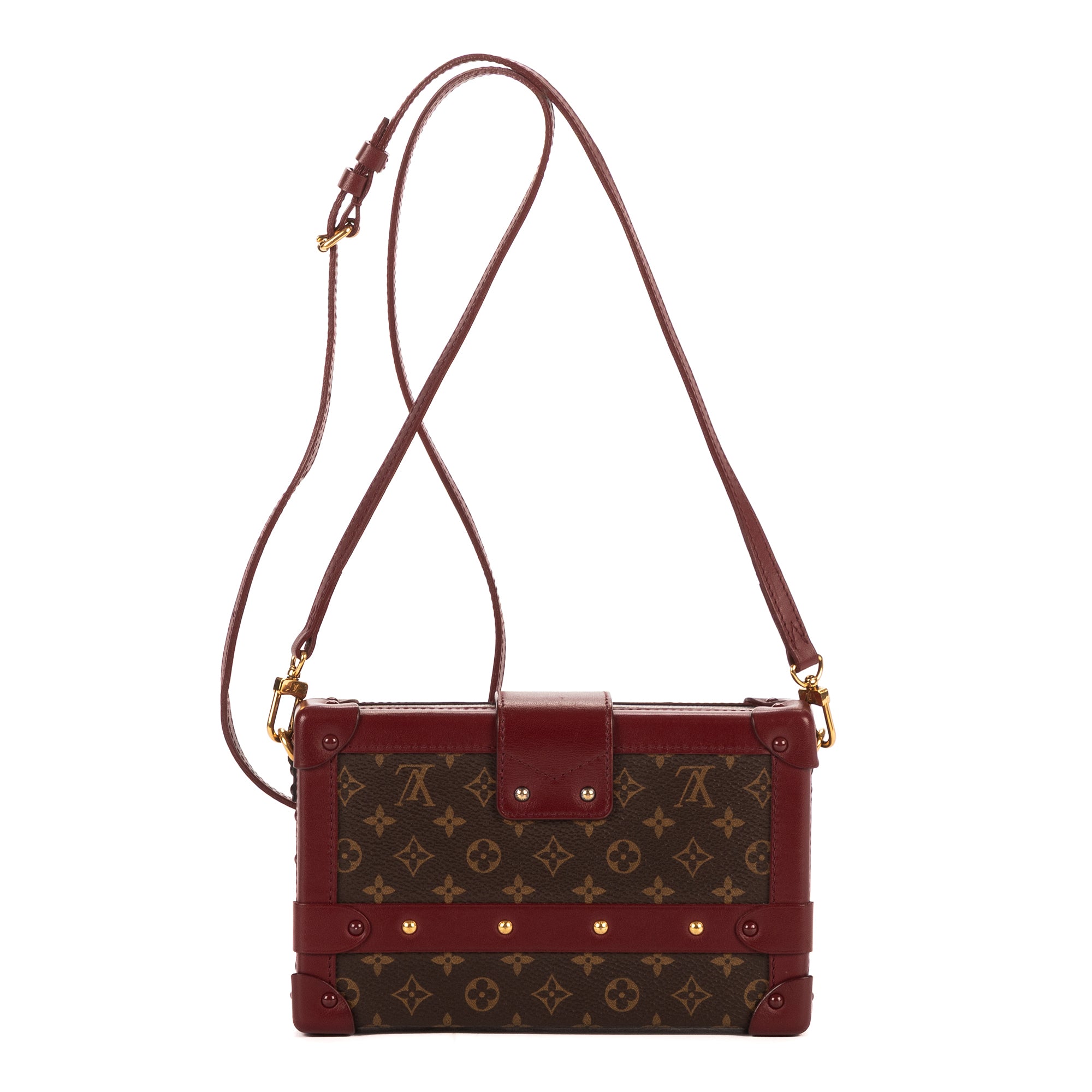 Sac bandoulière Petite Malle petit format en toile Monogram bordeaux avec finitions en cuir lisse