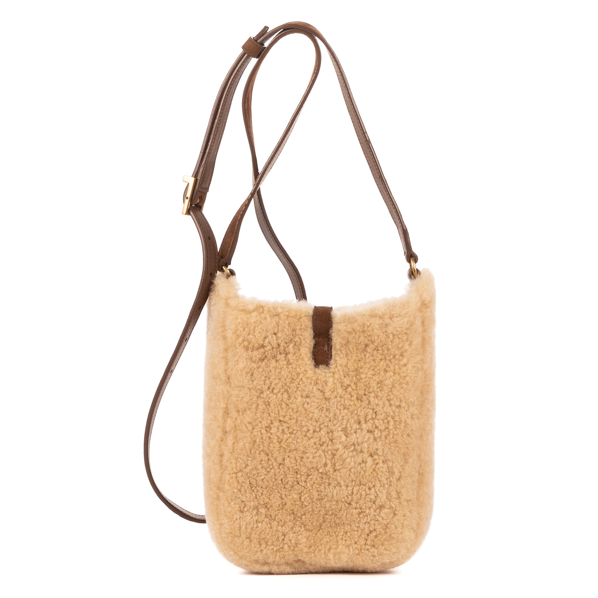 Bandolera 5 à 7 de borreguito mini beige con ribete de piel