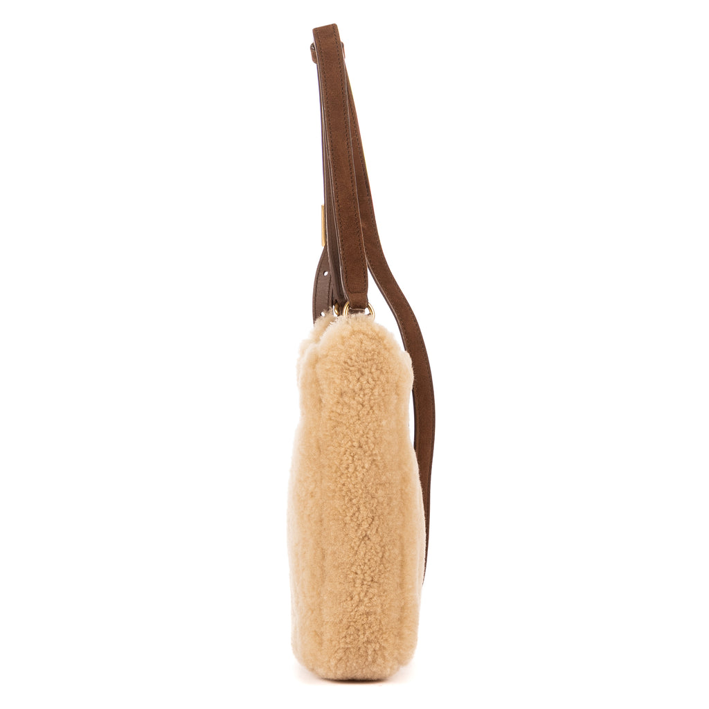 Bandolera 5 à 7 de borreguito mini beige con ribete de piel