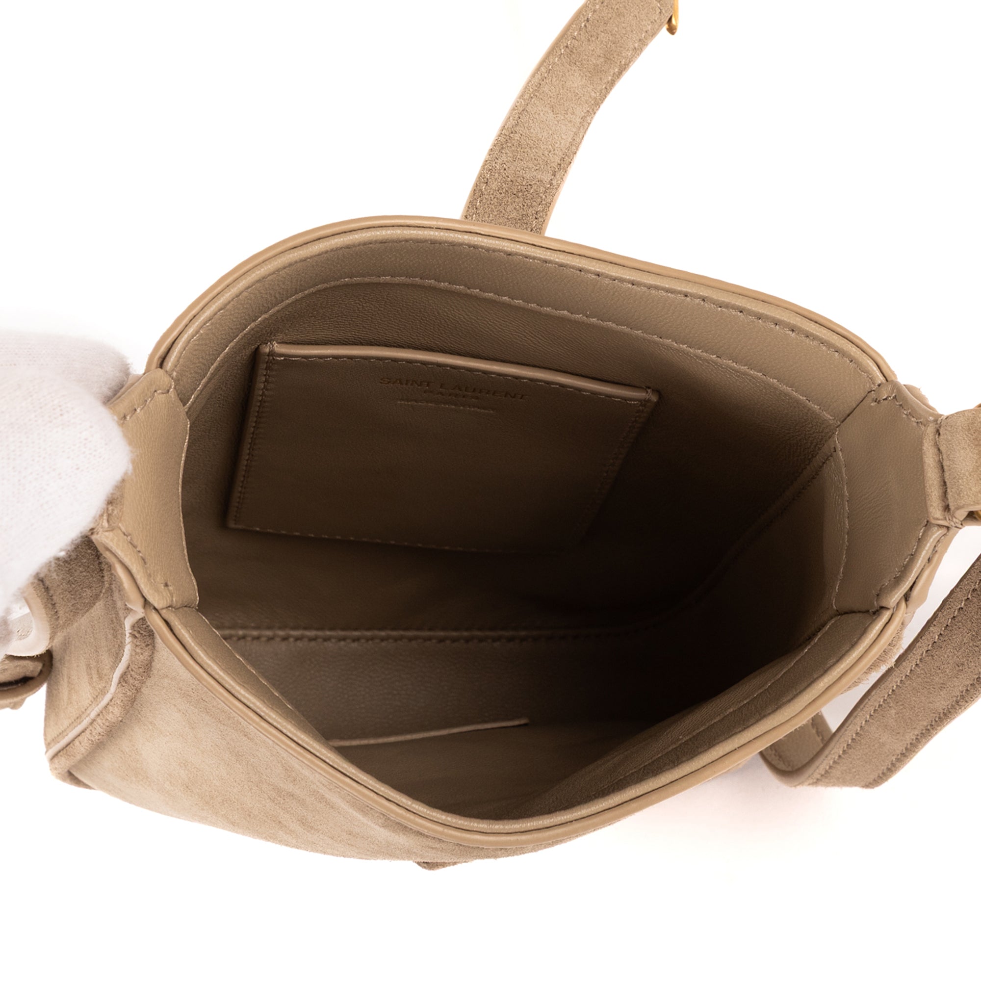Bolso de Hombro 5 à 7 Mini Vertical de Piel de Ante Beige Grisáceo