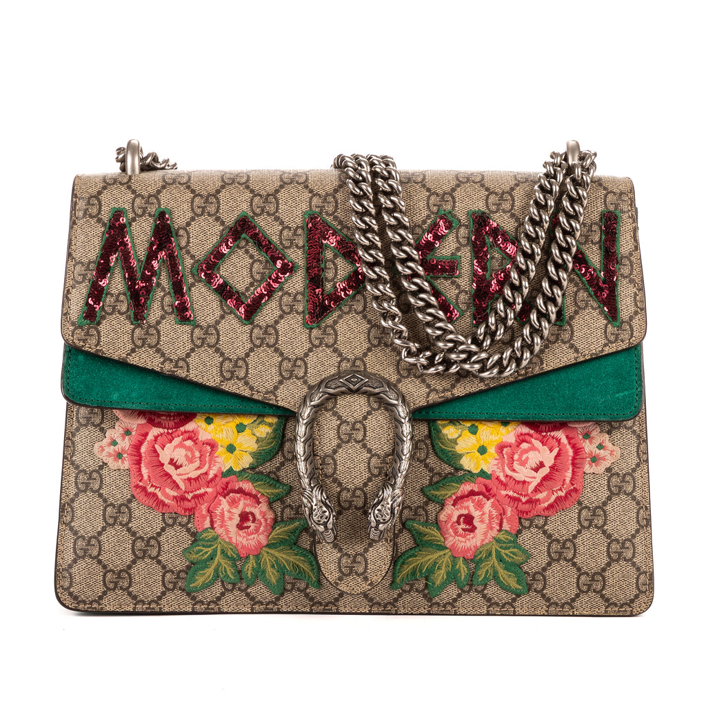 Bolso de hombro Dionysus Lentejuelas y bordados florales modernos Lona GG Supreme beige mediana con ante verde