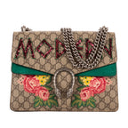 Bolso de hombro Dionysus Lentejuelas y bordados florales modernos Lona GG Supreme beige mediana con ante verde
