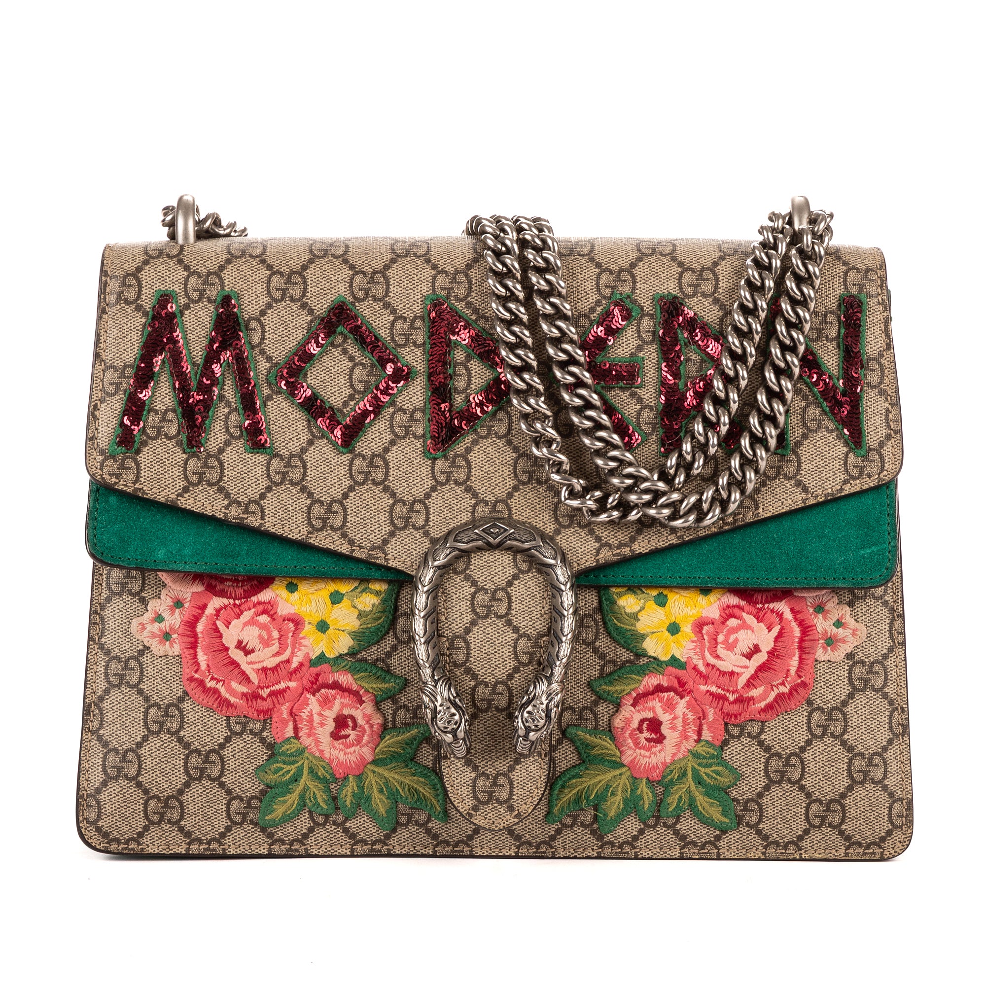 Bolso de hombro Dionysus Lentejuelas y bordados florales modernos Lona GG Supreme beige mediana con ante verde