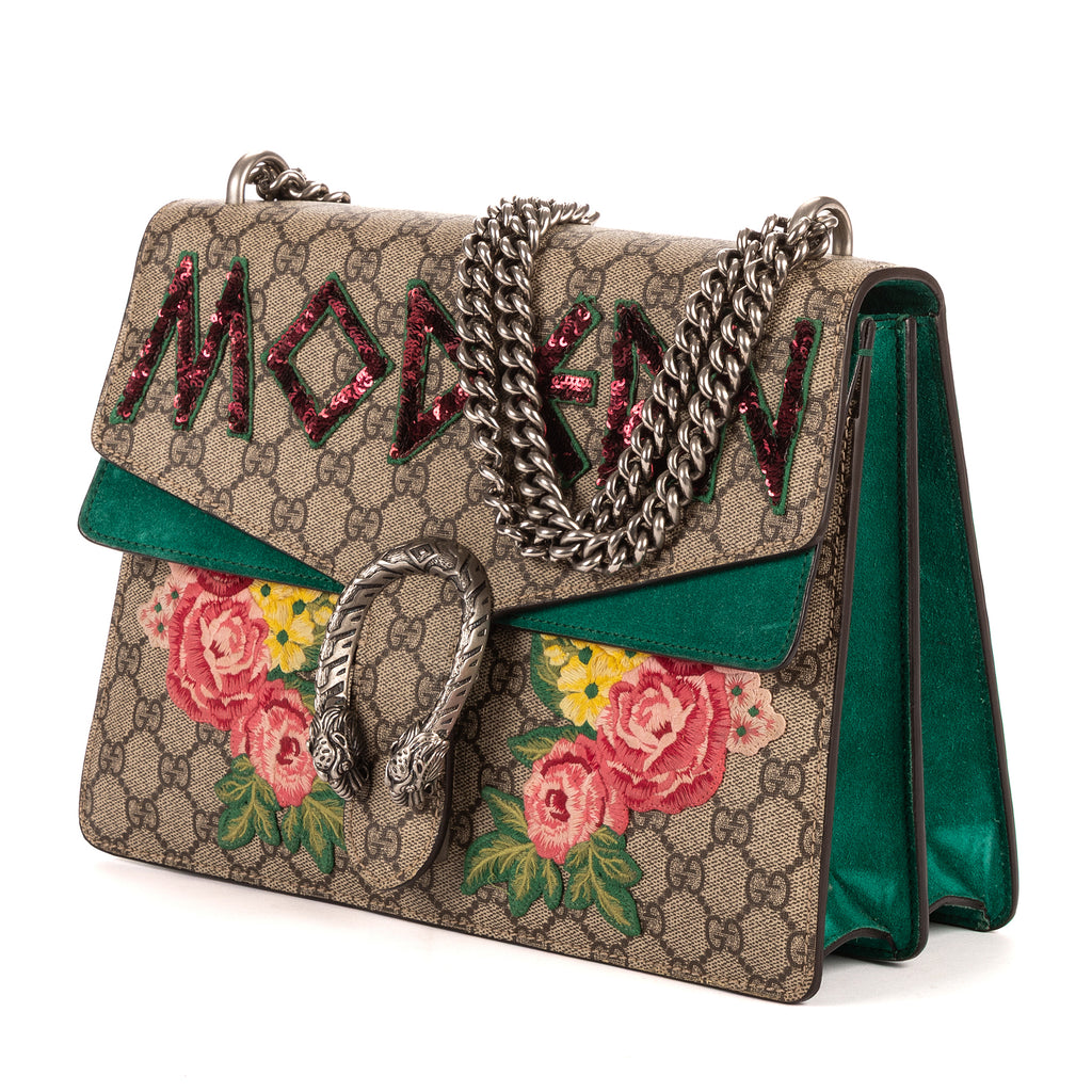 Bolso de hombro Dionysus Lentejuelas y bordados florales modernos Lona GG Supreme beige mediana con ante verde