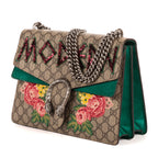 Bolso de hombro Dionysus Lentejuelas y bordados florales modernos Lona GG Supreme beige mediana con ante verde