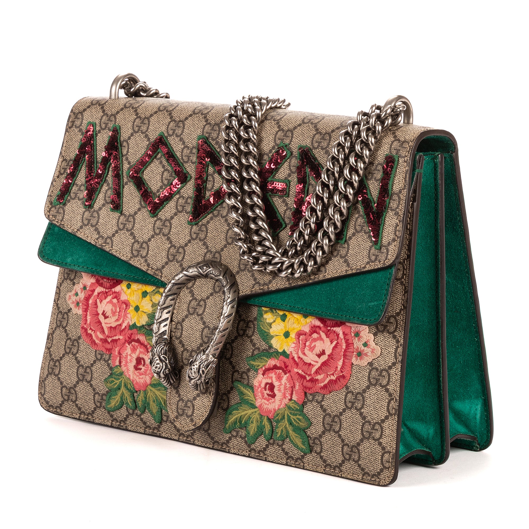 Bolso de hombro Dionysus Lentejuelas y bordados florales modernos Lona GG Supreme beige mediana con ante verde