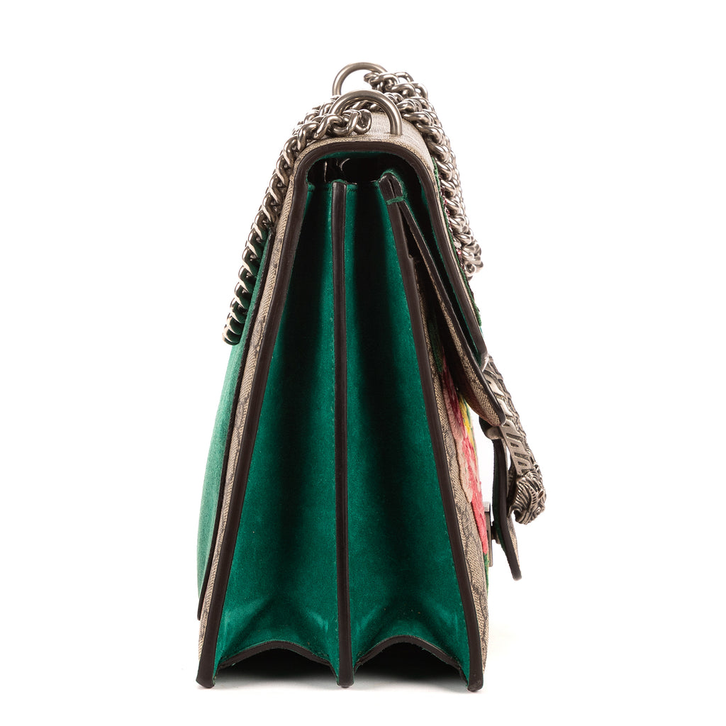 Bolso de hombro Dionysus Lentejuelas y bordados florales modernos Lona GG Supreme beige mediana con ante verde