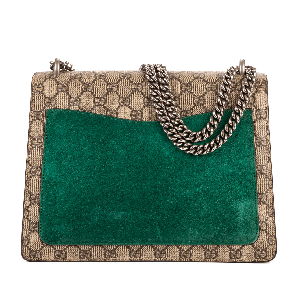 Bolso de hombro Dionysus Lentejuelas y bordados florales modernos Lona GG Supreme beige mediana con ante verde