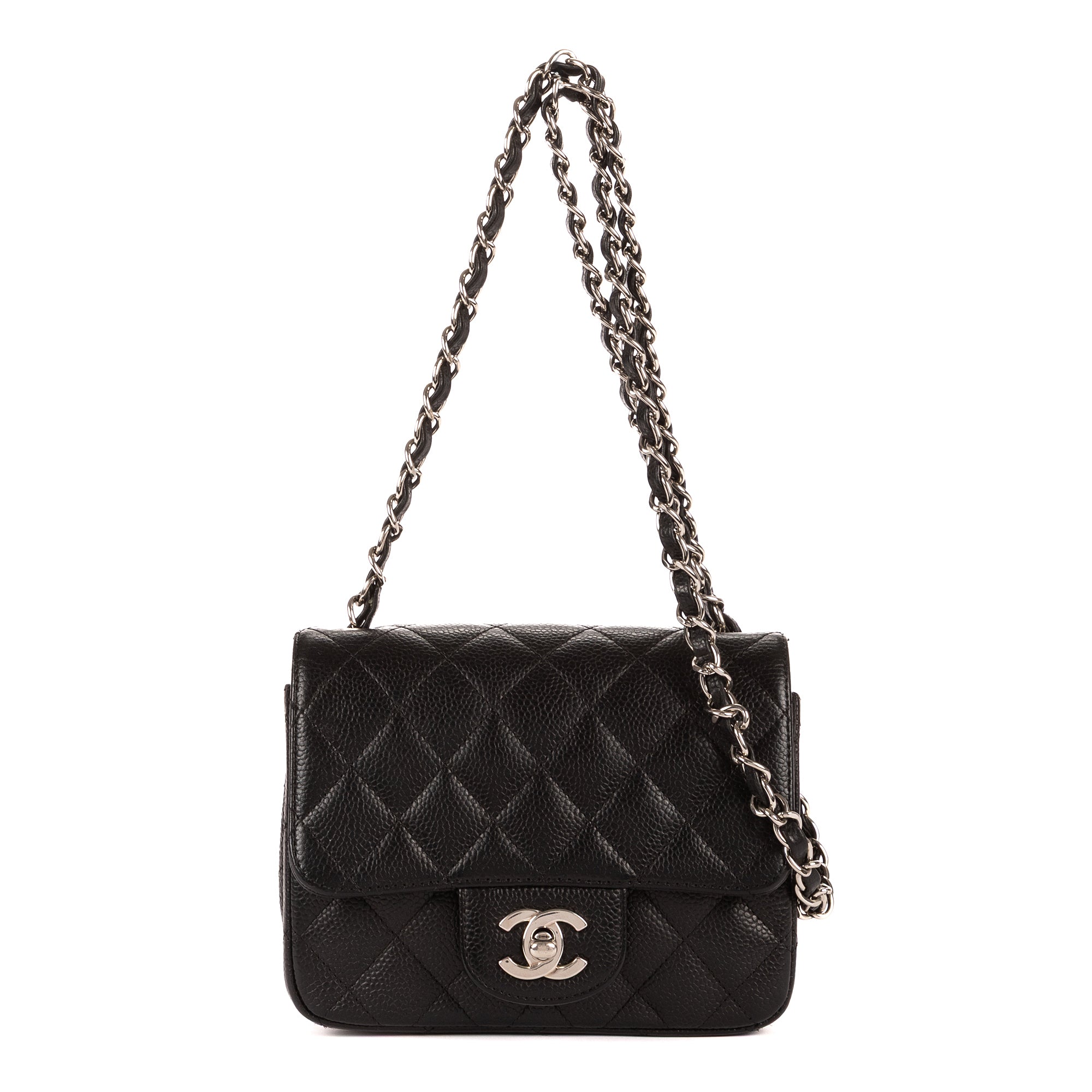 Bolso de Hombro Clásico Mini Solapa Piel Granulada Negra Caviar